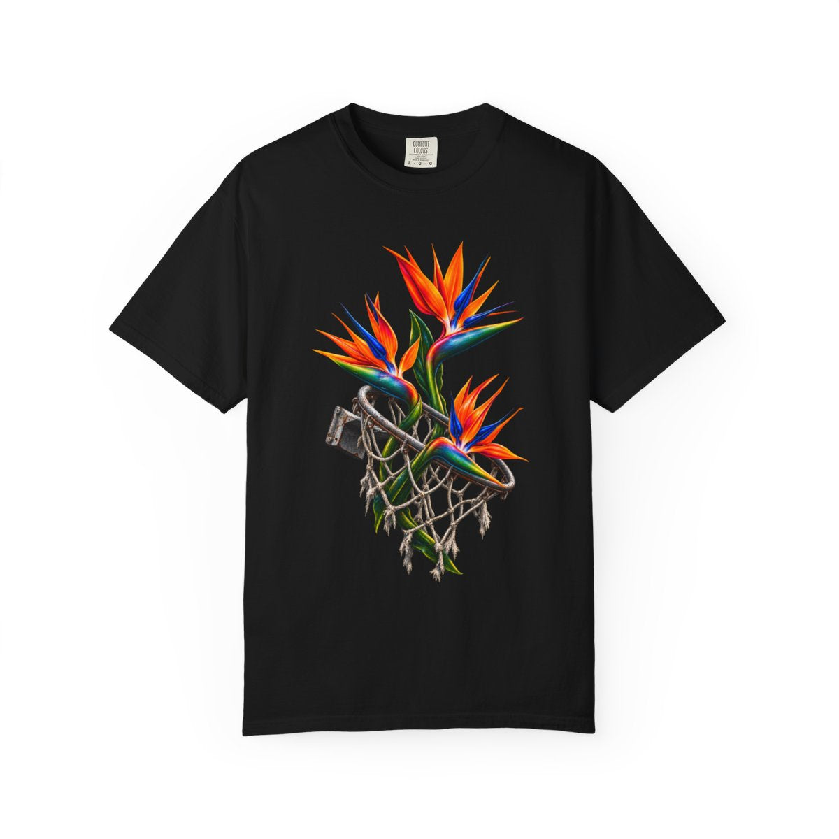 Bird of Paradise Basketball Hoop Front Print Tee large front print on a Black Comfort Colors 1717 tee