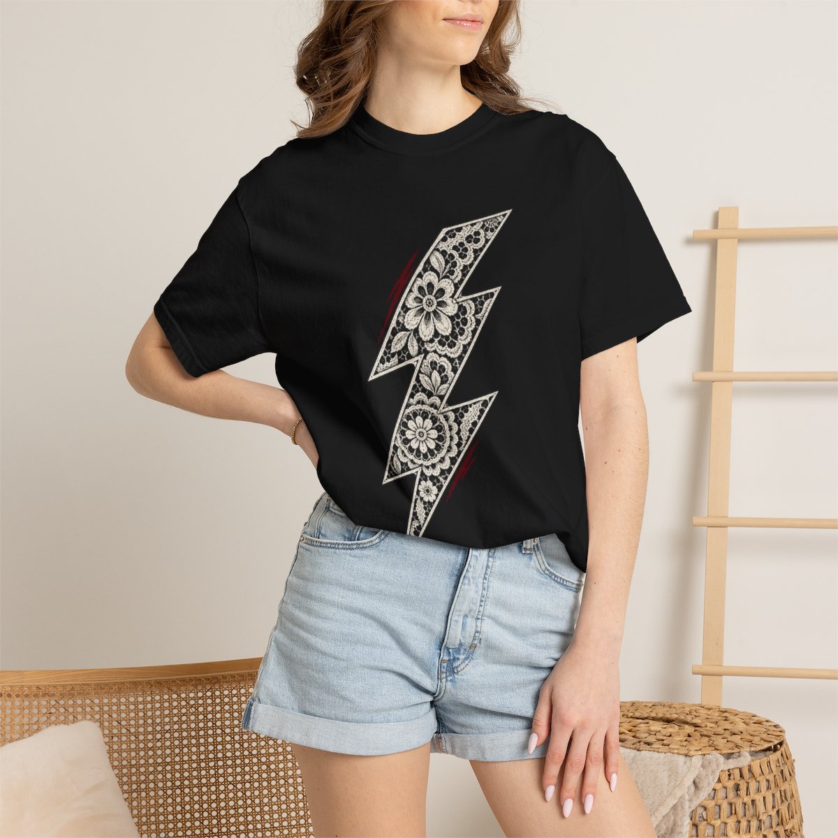 Lace Lightning Front Print Tee worn Printify context view on a Black Comfort Colors 1717 tee