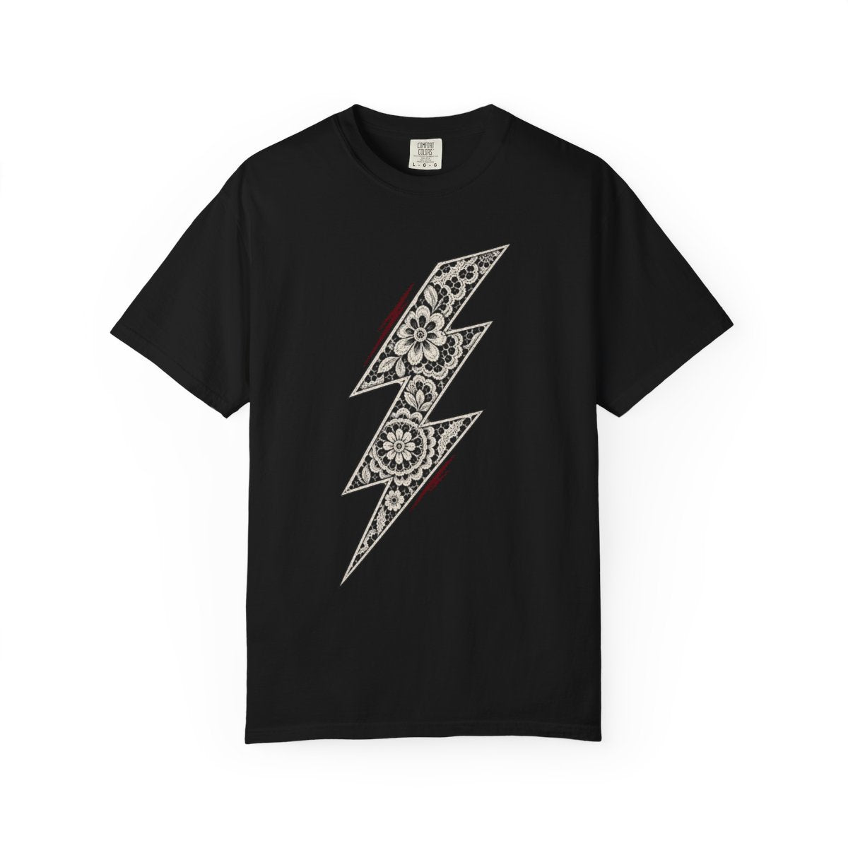 Lace Lightning Front Print Tee large front print on a Black Comfort Colors 1717 tee