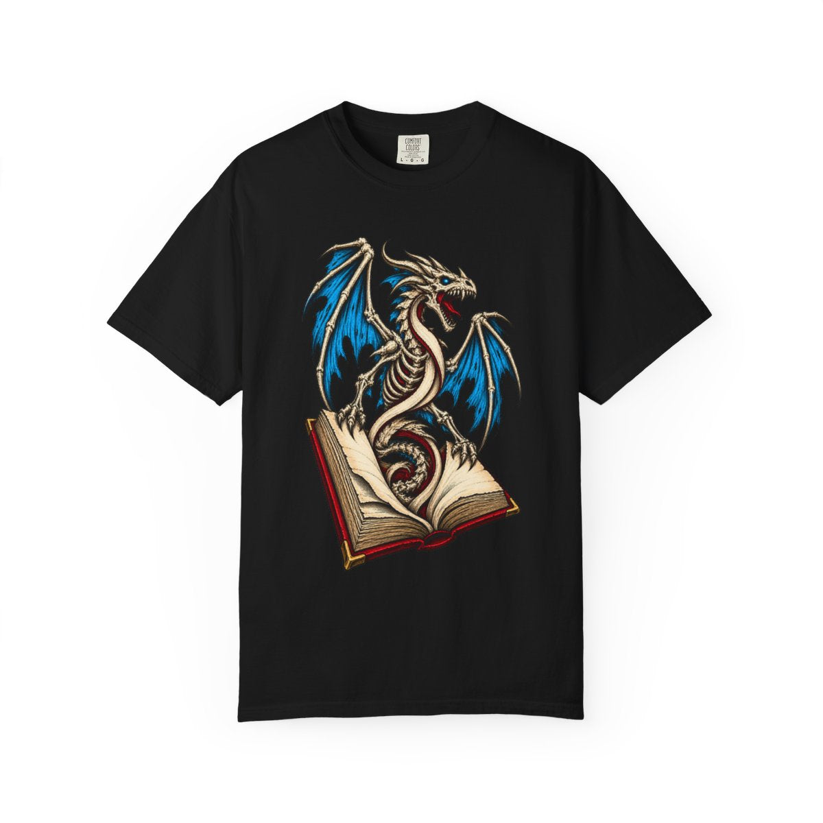 Spellwyrm Grimoire Dragon Front Print Tee large front print on a Black Comfort Colors 1717 tee