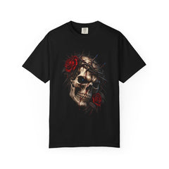 Thorn Sovereign Gothic Skull Front Print Tee large front print on a Black Comfort Colors 1717 tee