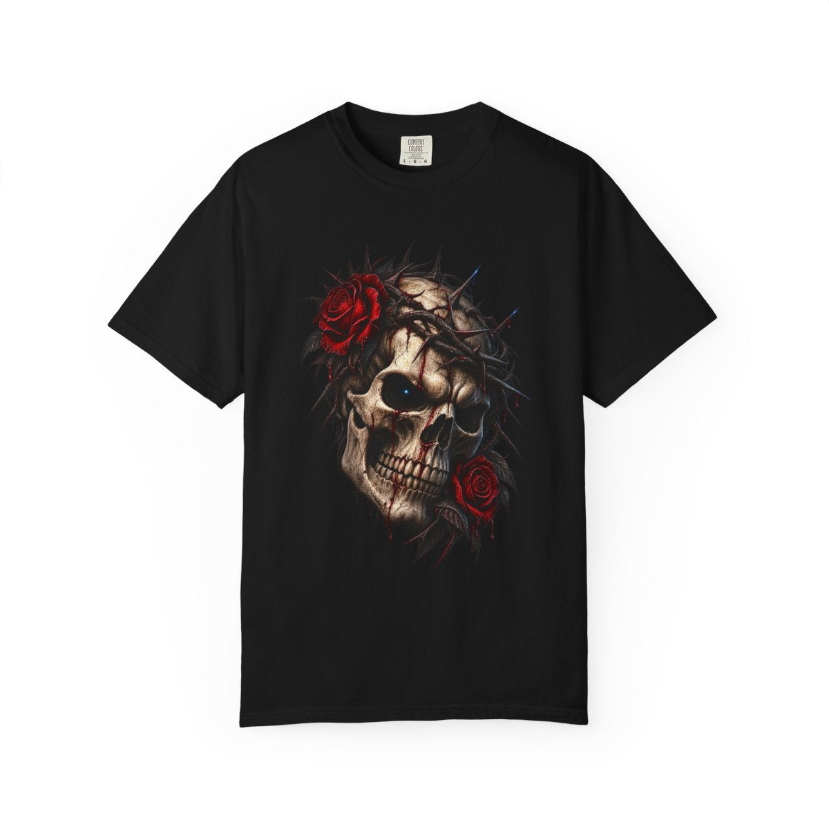 Thorn Sovereign Gothic Skull Front Print Tee large front print on a Black Comfort Colors 1717 tee