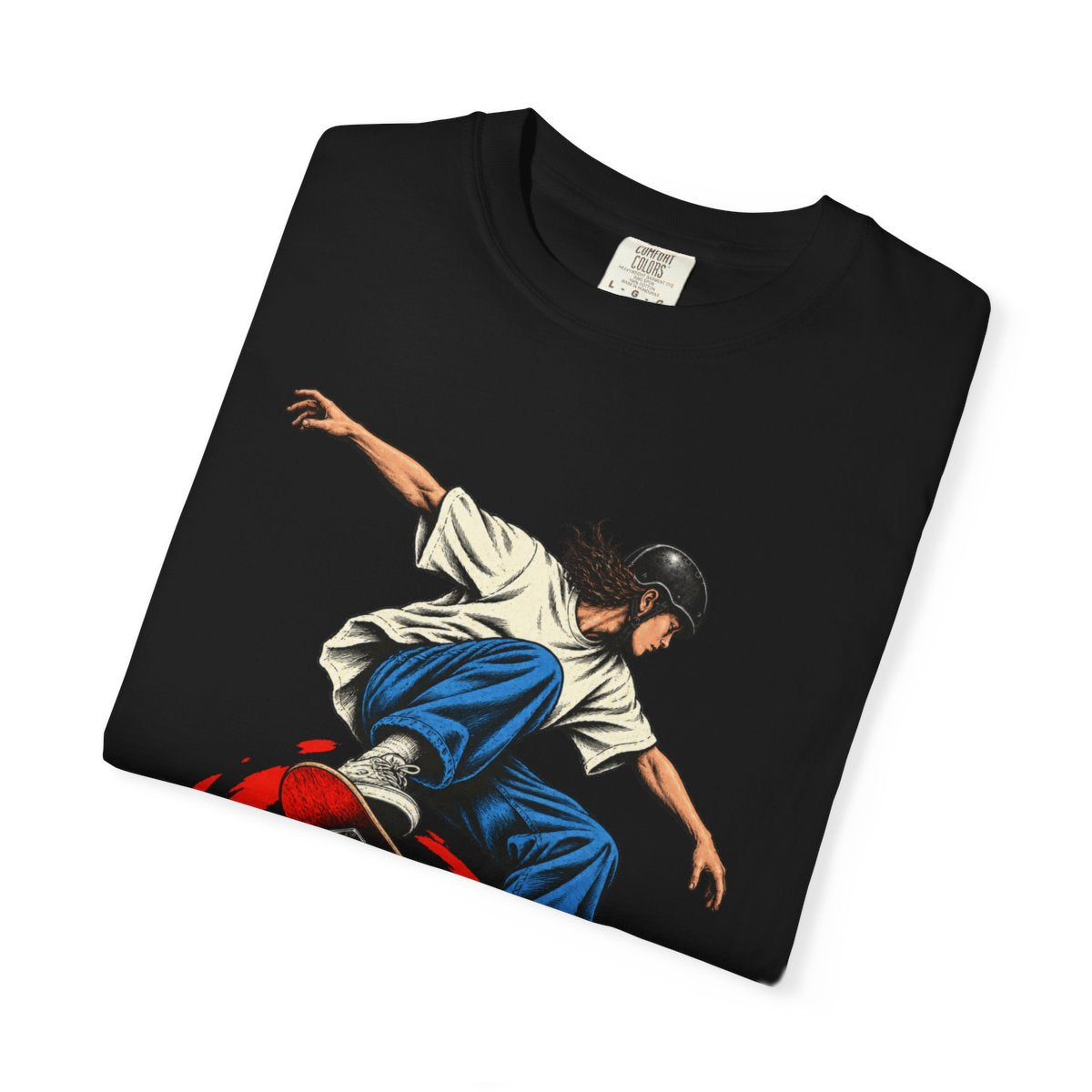 Airtime Debt Skateboard Ollie Front Print Tee folded front print detail