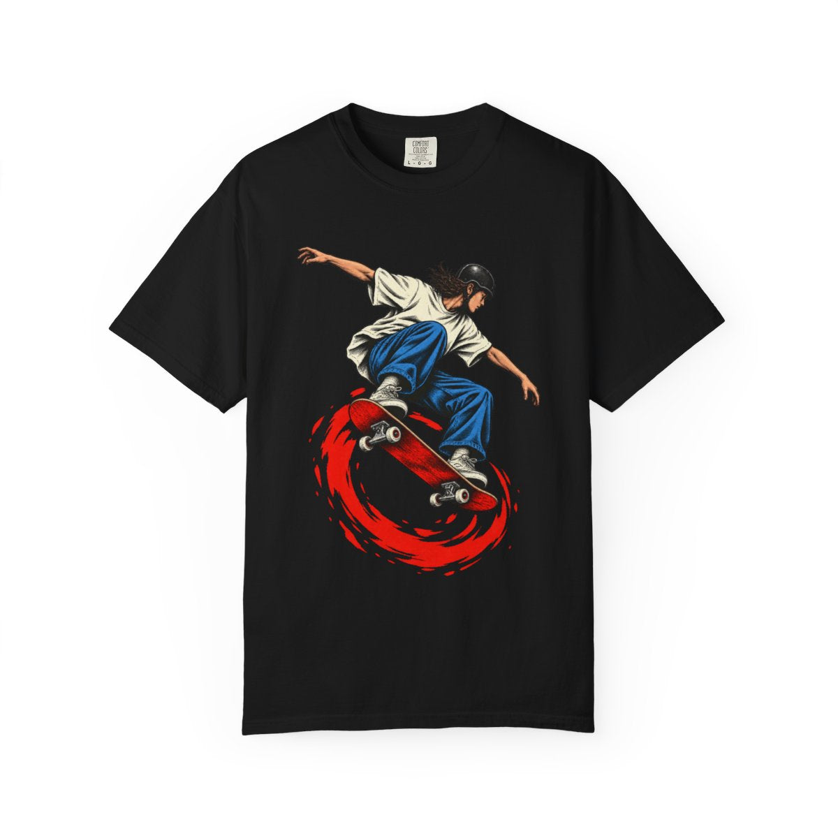 Airtime Debt Skateboard Ollie Front Print Tee large front print on a Black Comfort Colors 1717 tee