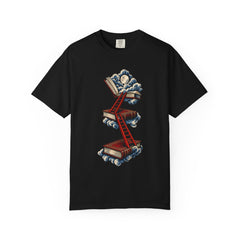 Ladder to Another Hour Library Ladder Front Print Tee large front print on a Black Comfort Colors 1717 tee