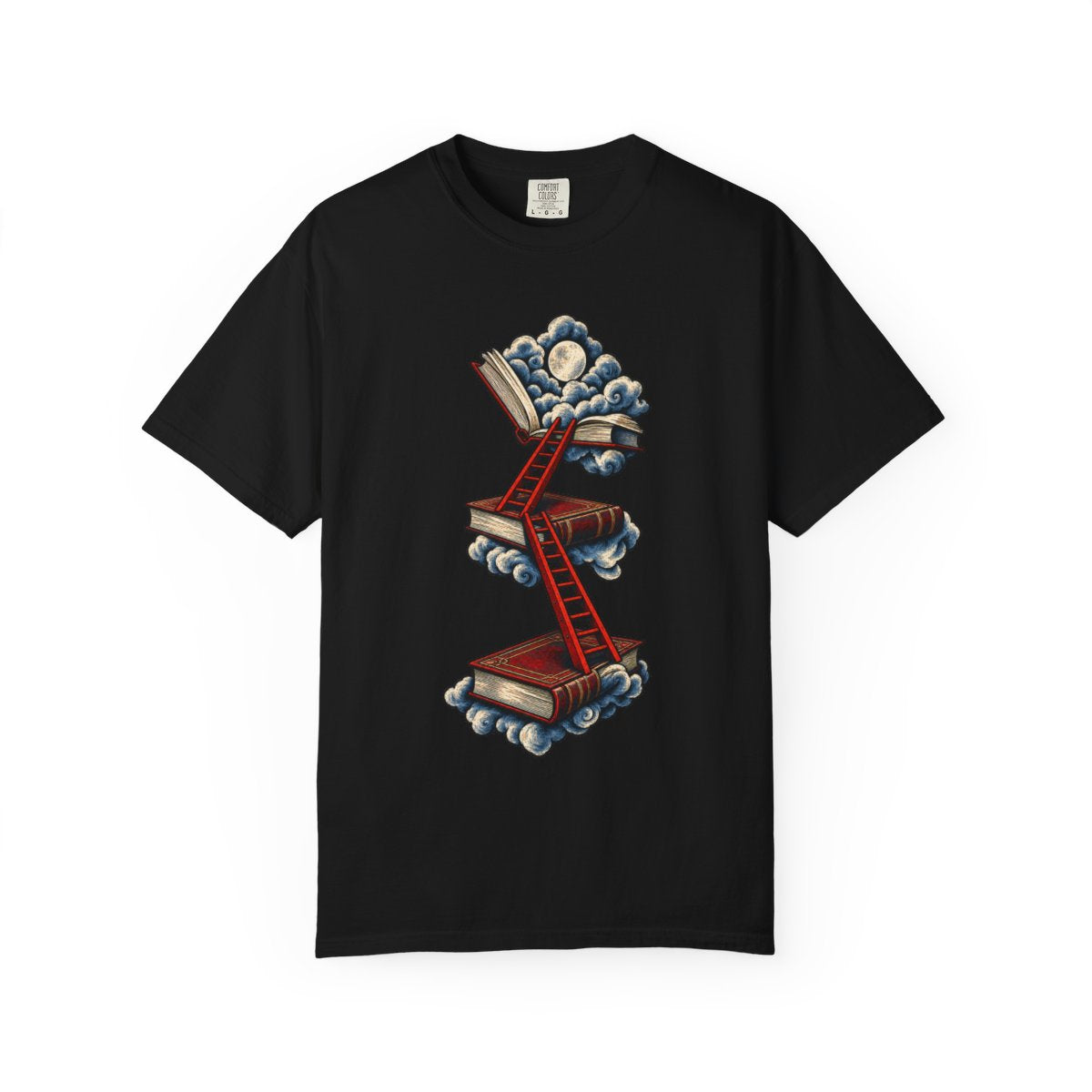 Ladder to Another Hour Library Ladder Front Print Tee large front print on a Black Comfort Colors 1717 tee