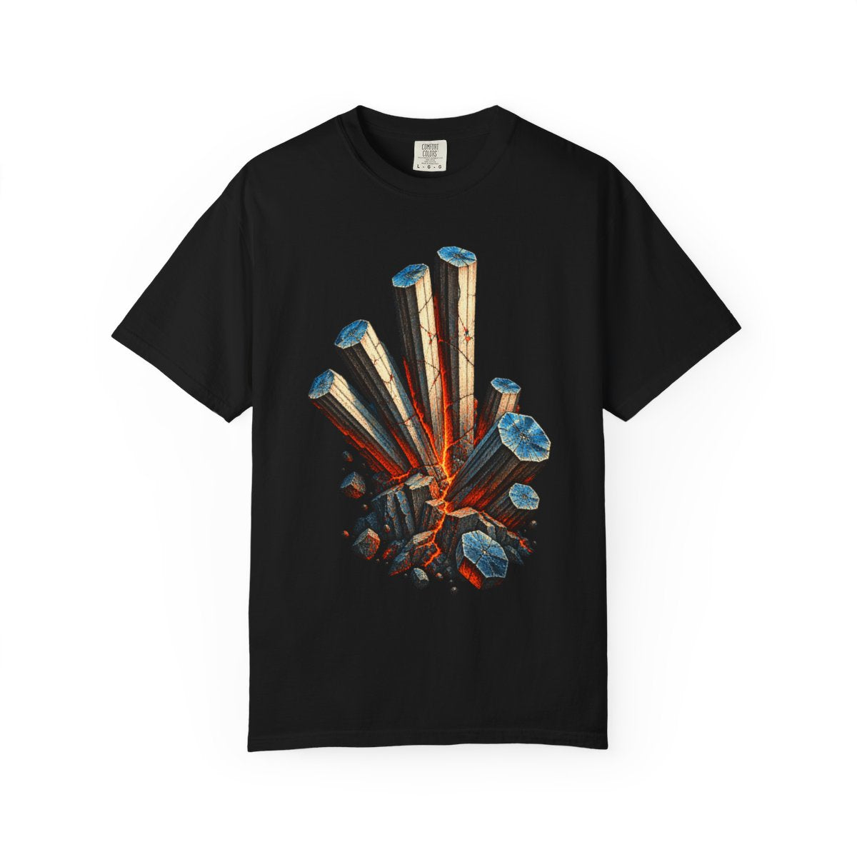 Columns in Revolt Basalt Front Print Tee large front print on a Black Comfort Colors 1717 tee