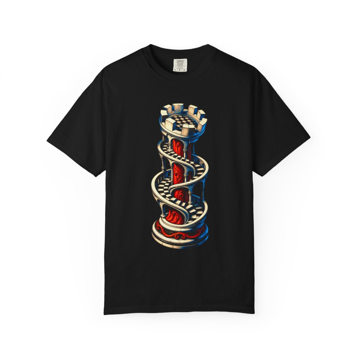 Rook on the Rise Chess Front Print Tee large front print on a Black Comfort Colors 1717 tee