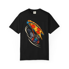 Pizza Glider Pigeon Front Print Tee large front print on a Black Comfort Colors 1717 tee