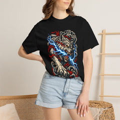Lightning Eater Front Print Tee worn Printify context view on a Black Comfort Colors 1717 tee