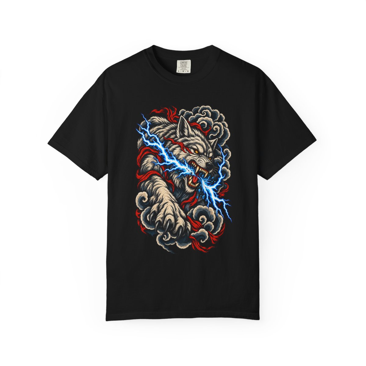 Lightning Eater Front Print Tee large front print on a Black Comfort Colors 1717 tee