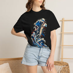 Rogue Wave Hunter Shark Front Print Tee worn Printify context view on a Black Comfort Colors 1717 tee
