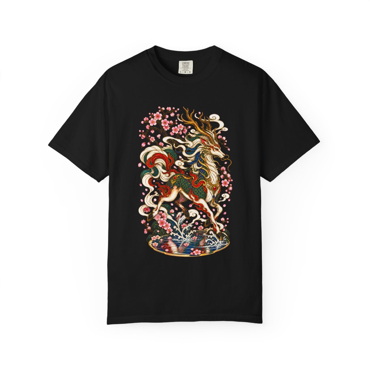 Kirin Petal Run Front Print Tee updated opaque front print on a Black Comfort Colors 1717 tee