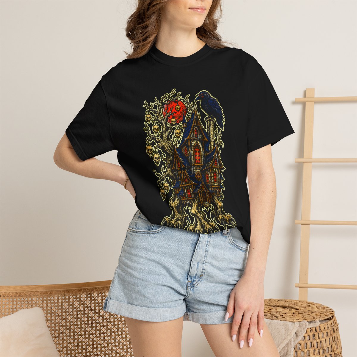 Bone Orchard Front Print Tee worn Printify context view on a Black Comfort Colors 1717 tee