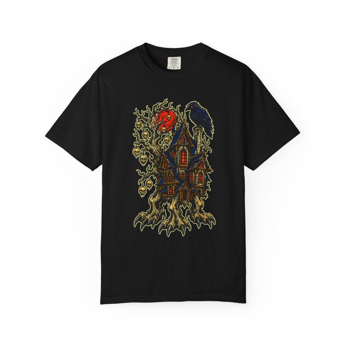 Bone Orchard Front Print Tee large front print on a Black Comfort Colors 1717 tee
