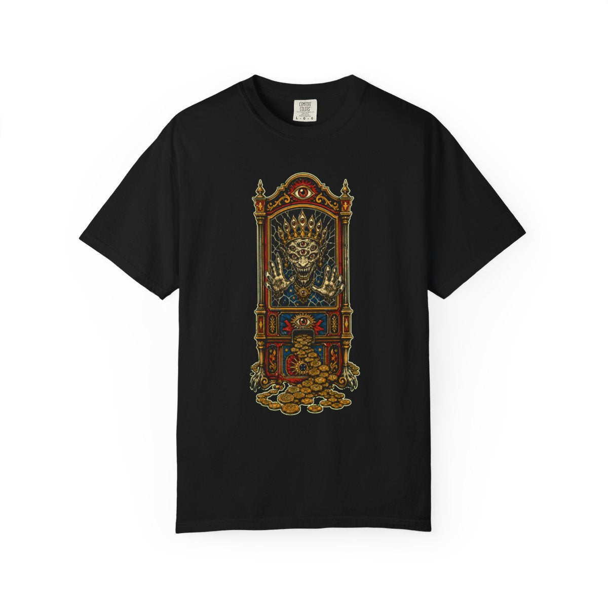 Fortune Eater Front Print Tee large front print on a Black Comfort Colors 1717 tee