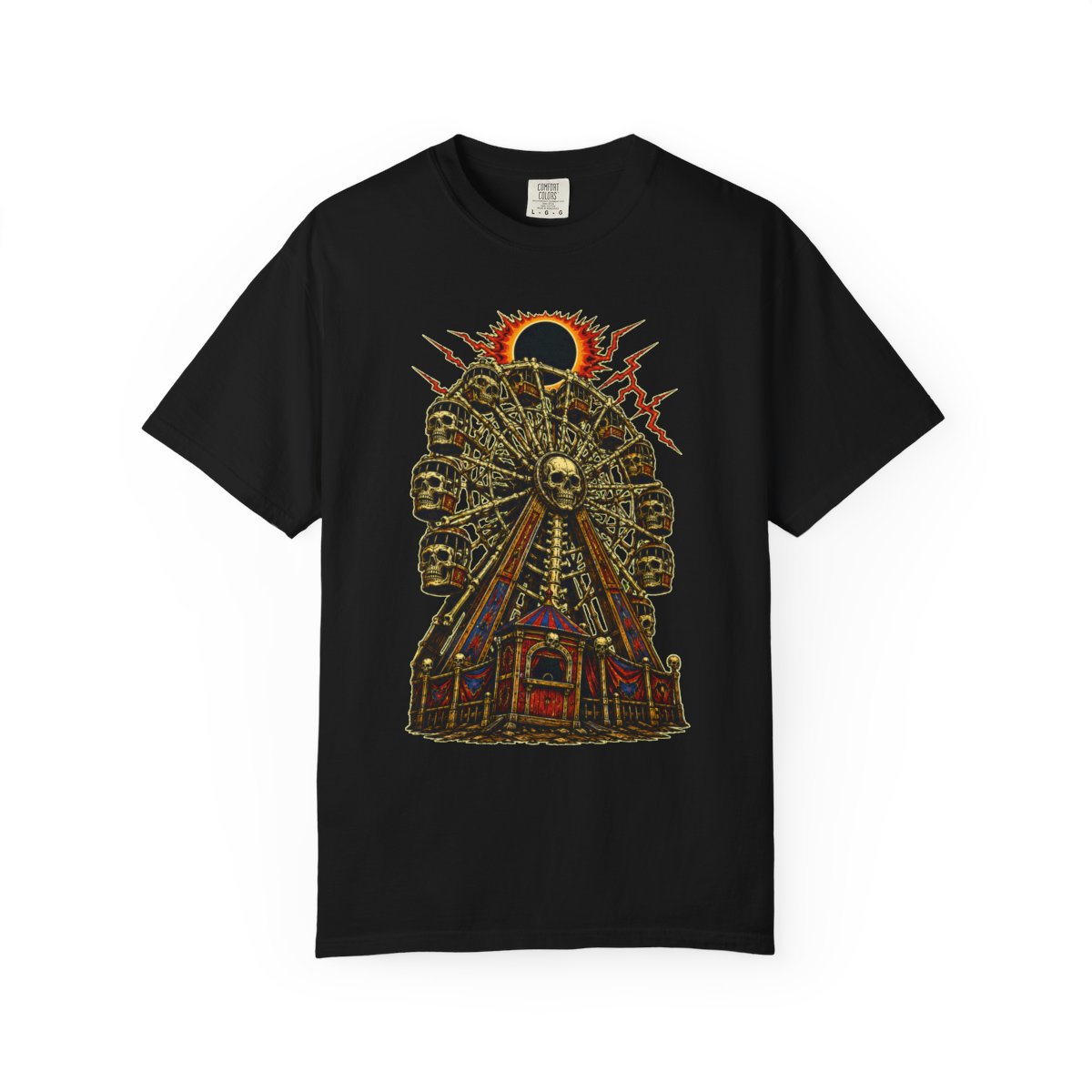 Last Ferris Wheel Front Print Tee large front print on a Black Comfort Colors 1717 tee