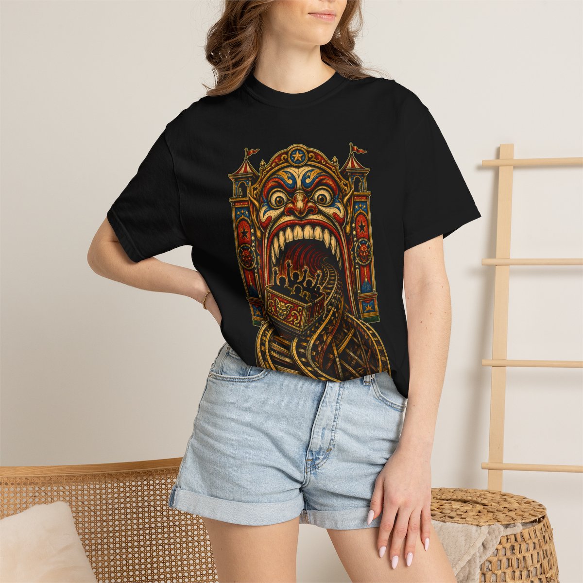 Tunnel of No Return Front Print Tee worn Printify context view on a Black Comfort Colors 1717 tee