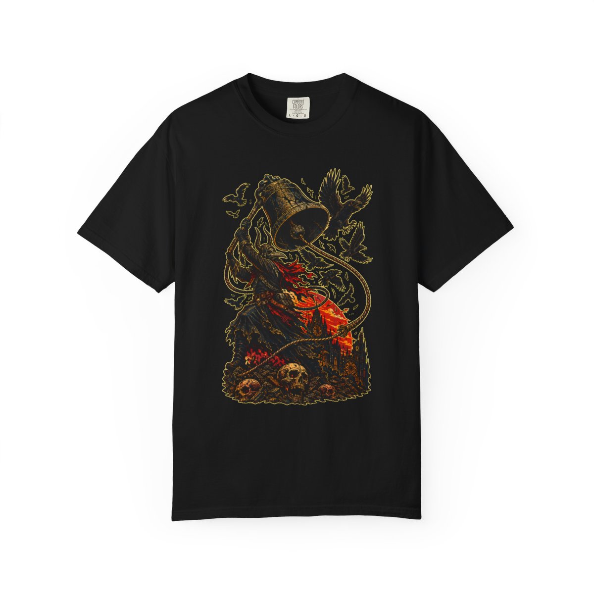 Black Bell Ringer Front Print Tee large front print on a Black Comfort Colors 1717 tee