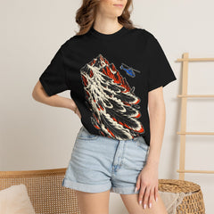 Avalanche of Feathers Front Print Tee worn Printify context view on a Black Comfort Colors 1717 tee