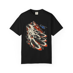 Avalanche of Feathers Front Print Tee large front print on a Black Comfort Colors 1717 tee