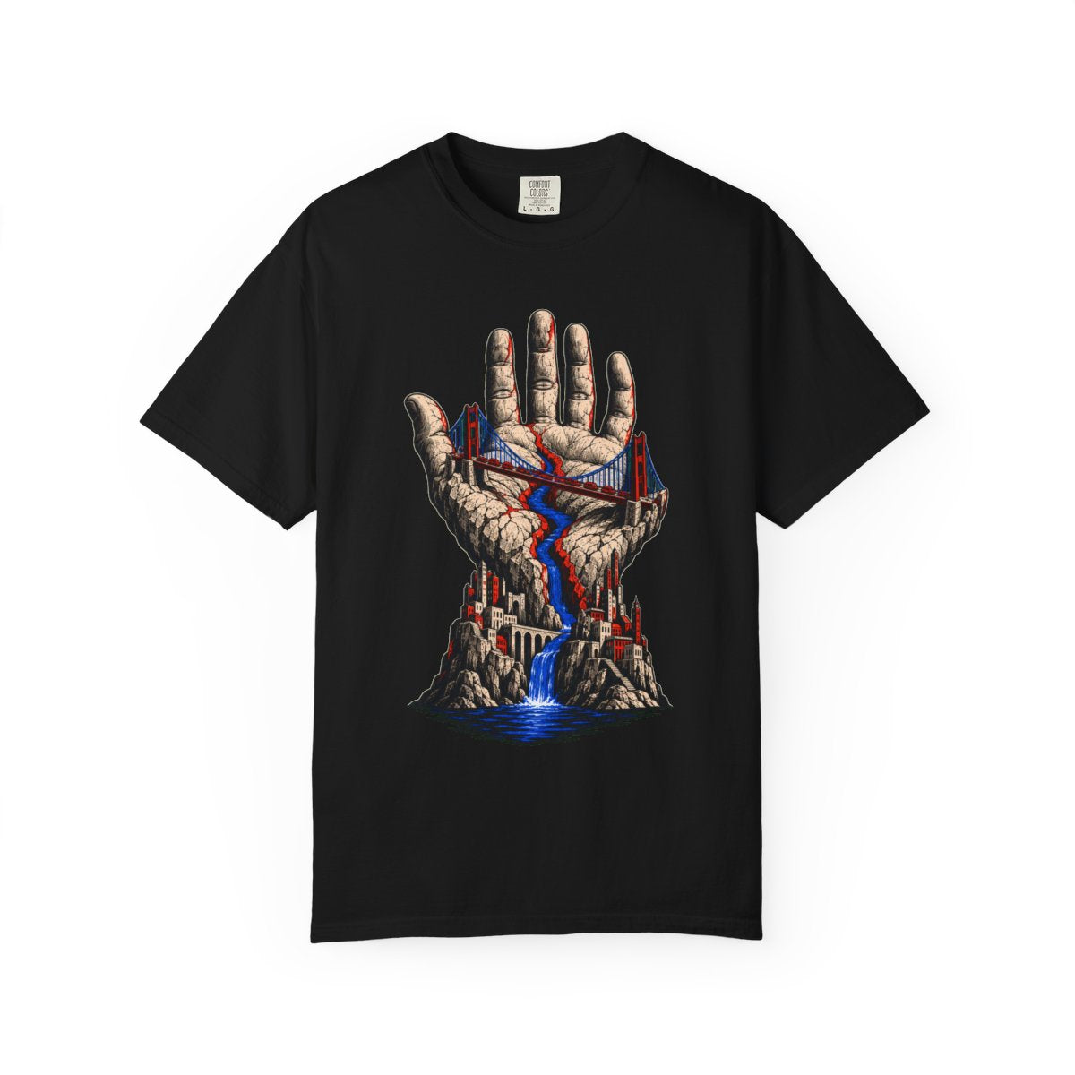 Bridge Across the Palm Front Print Tee large front print on a Black Comfort Colors 1717 tee