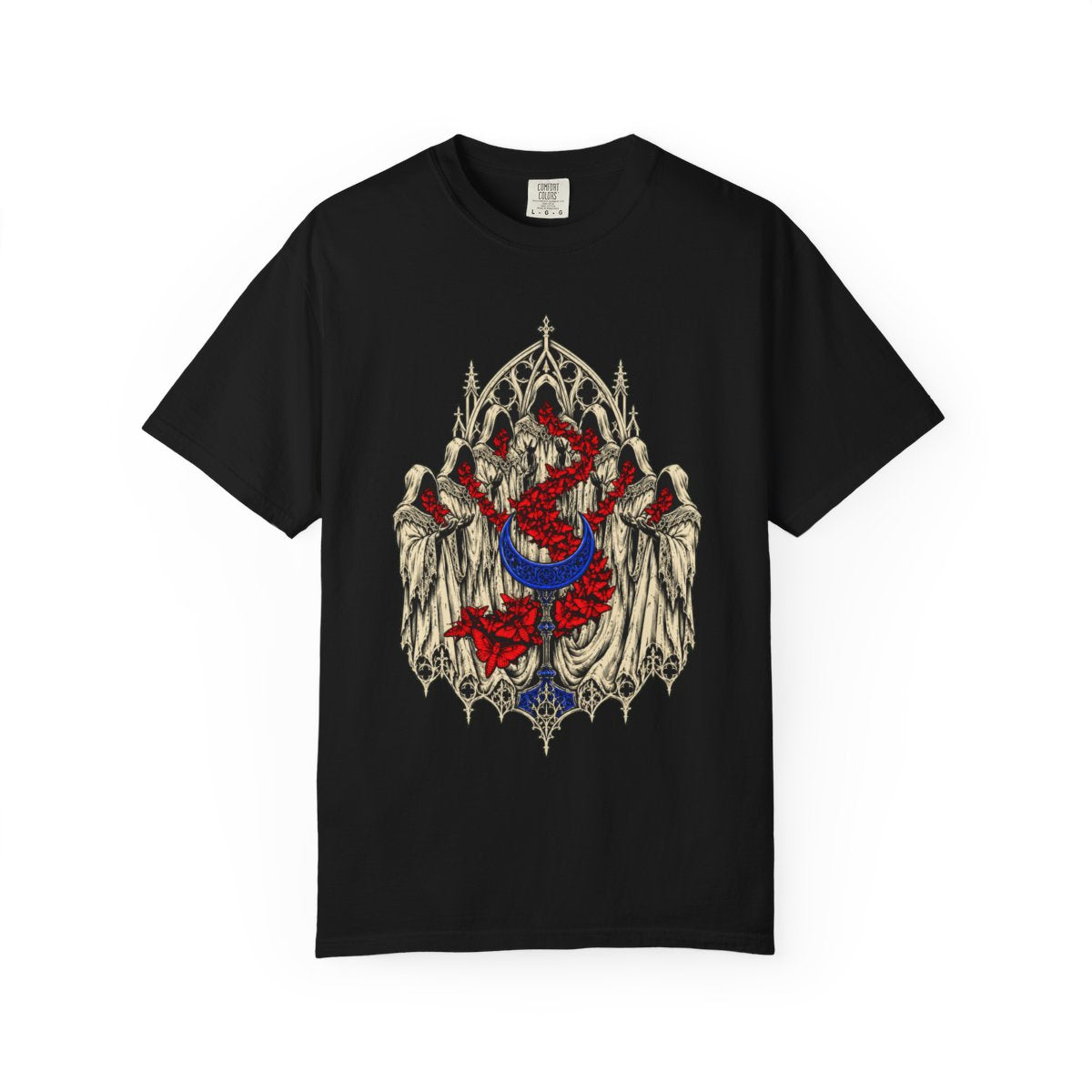 Choir of the Faceless Front Print Tee large front print on a Black Comfort Colors 1717 tee