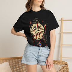 Moon Sewn Shut Front Print Tee worn Printify context view on a Black Comfort Colors 1717 tee