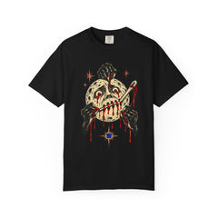 Moon Sewn Shut Front Print Tee large front print on a Black Comfort Colors 1717 tee