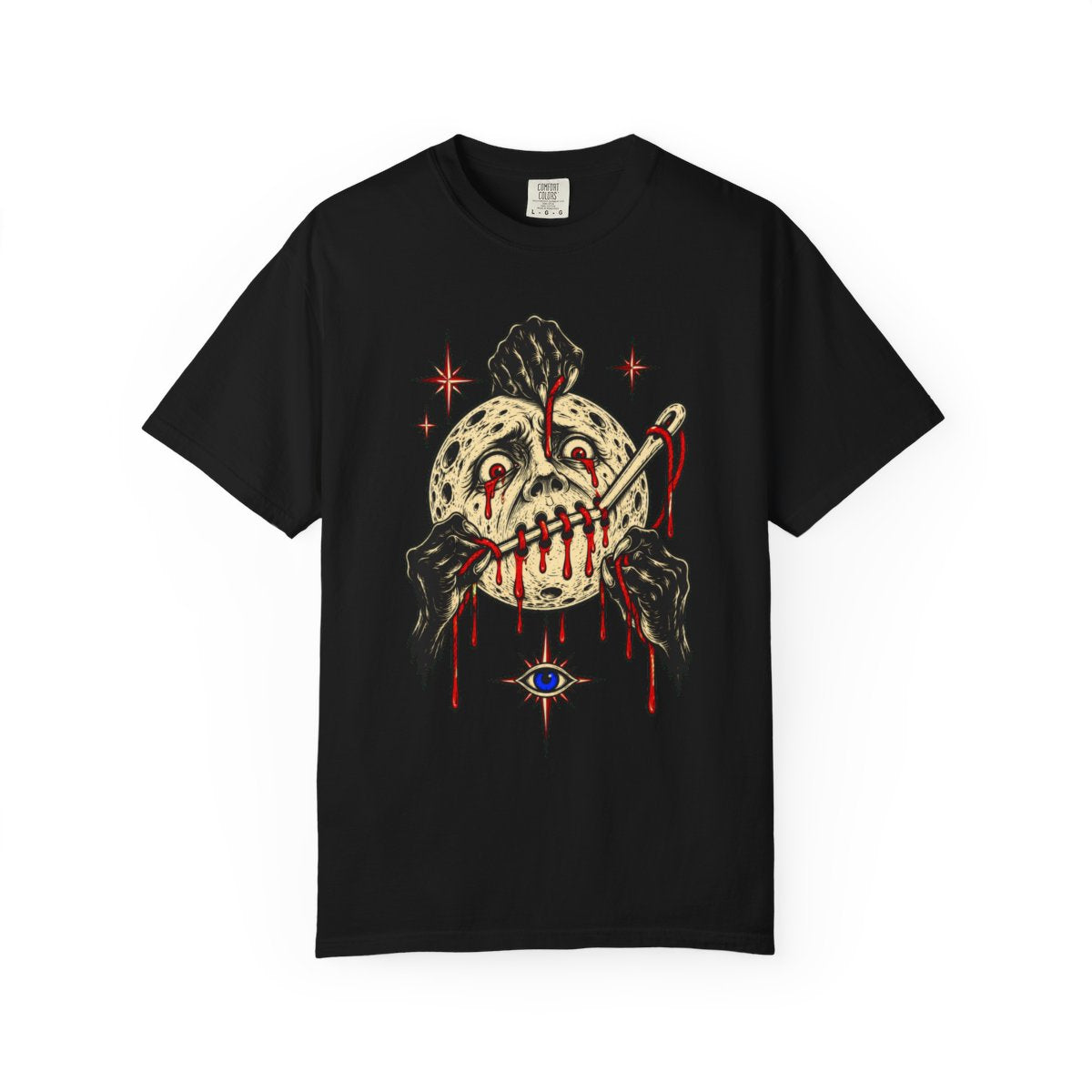 Moon Sewn Shut Front Print Tee large front print on a Black Comfort Colors 1717 tee