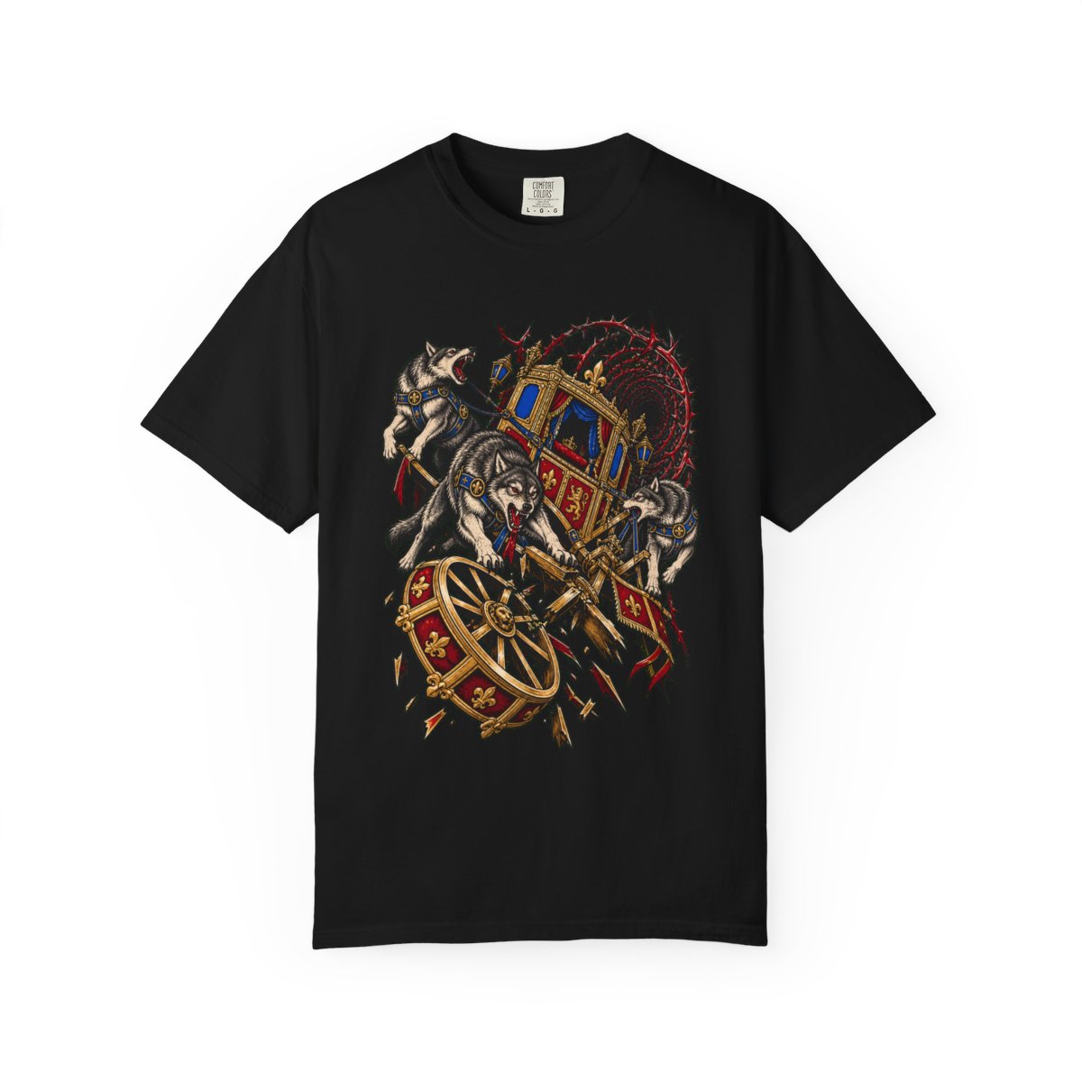 No Royal Carriage Front Print Tee large front print on a Black Comfort Colors 1717 tee