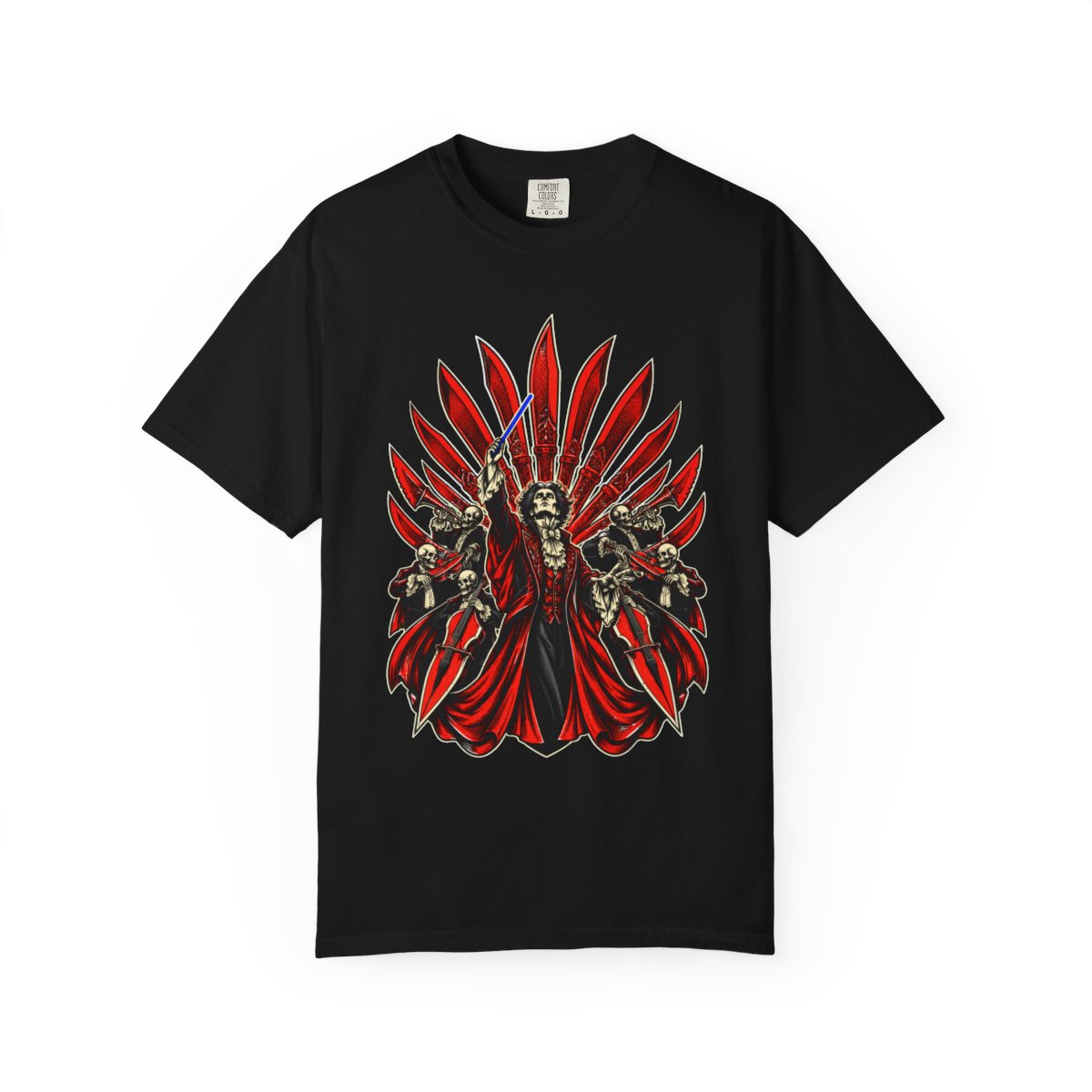 Orchestra of Knives Front Print Tee large front print on a Black Comfort Colors 1717 tee