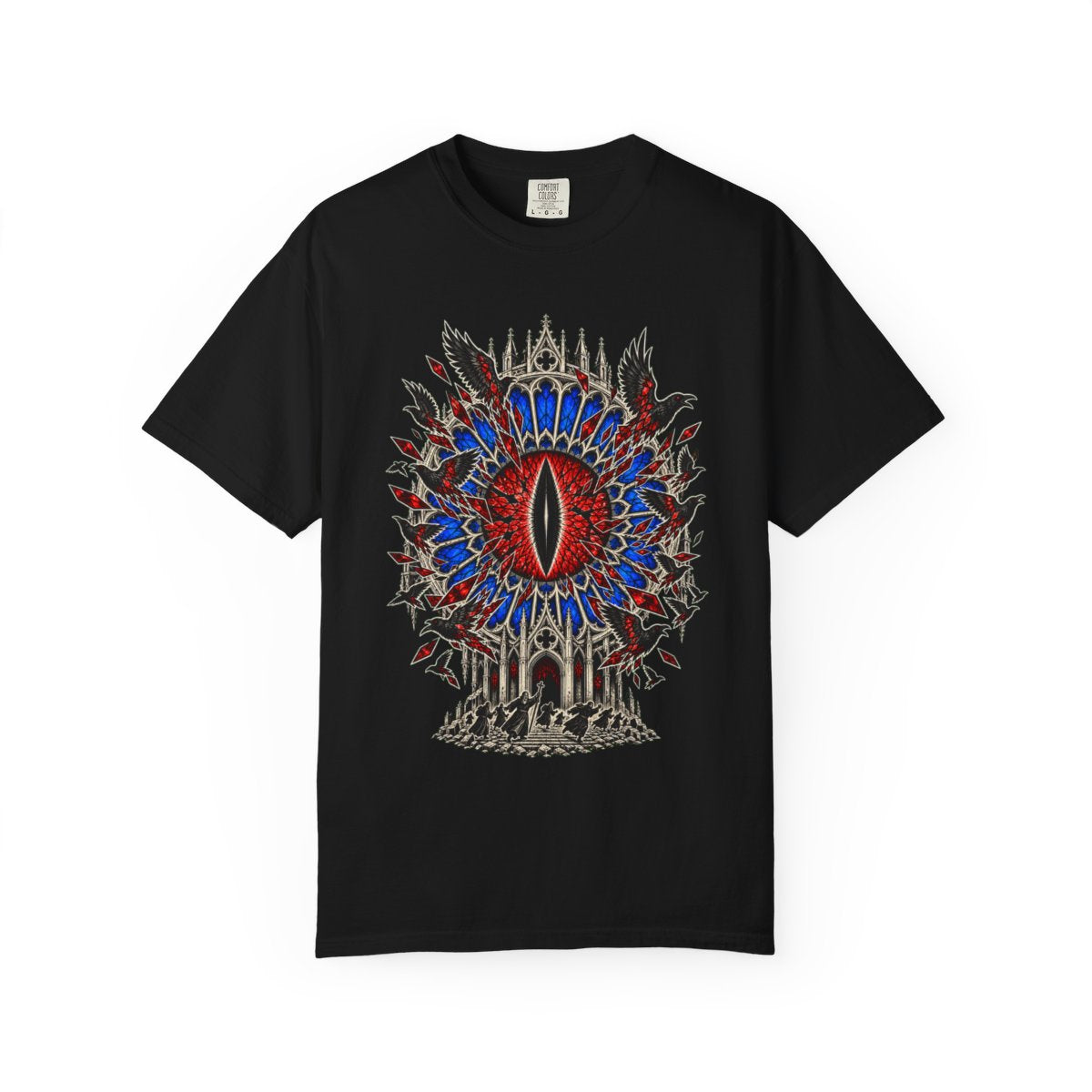 Rose Window of the Damned Front Print Tee large front print on a Black Comfort Colors 1717 tee