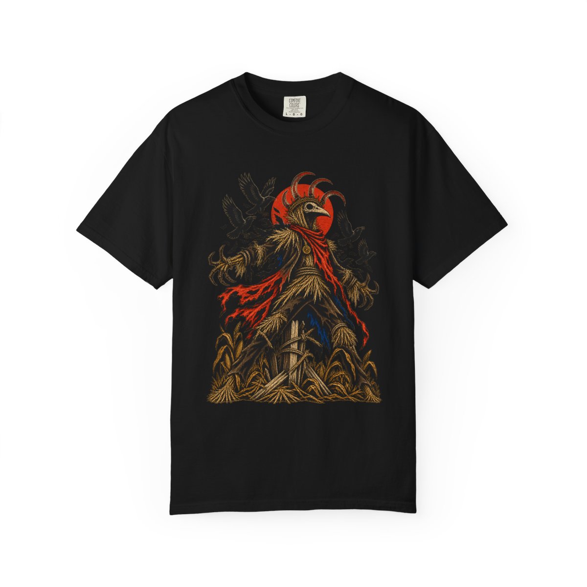 Scarecrow King Front Print Tee large front print on a Black Comfort Colors 1717 tee
