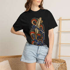 Scriptorium Serpent Front Print Tee worn Printify context view on a Black Comfort Colors 1717 tee