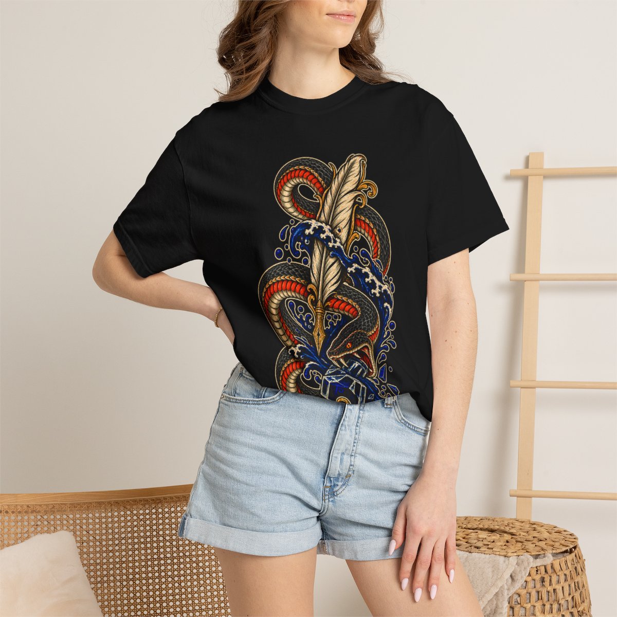 Scriptorium Serpent Front Print Tee worn Printify context view on a Black Comfort Colors 1717 tee