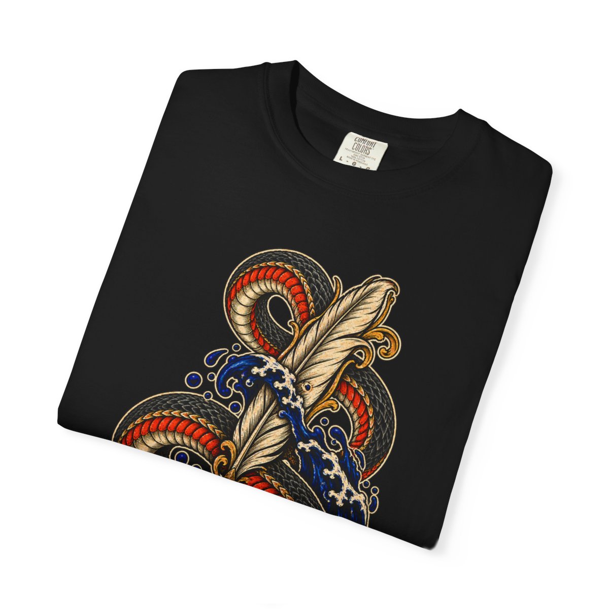 Scriptorium Serpent Front Print Tee folded front print detail