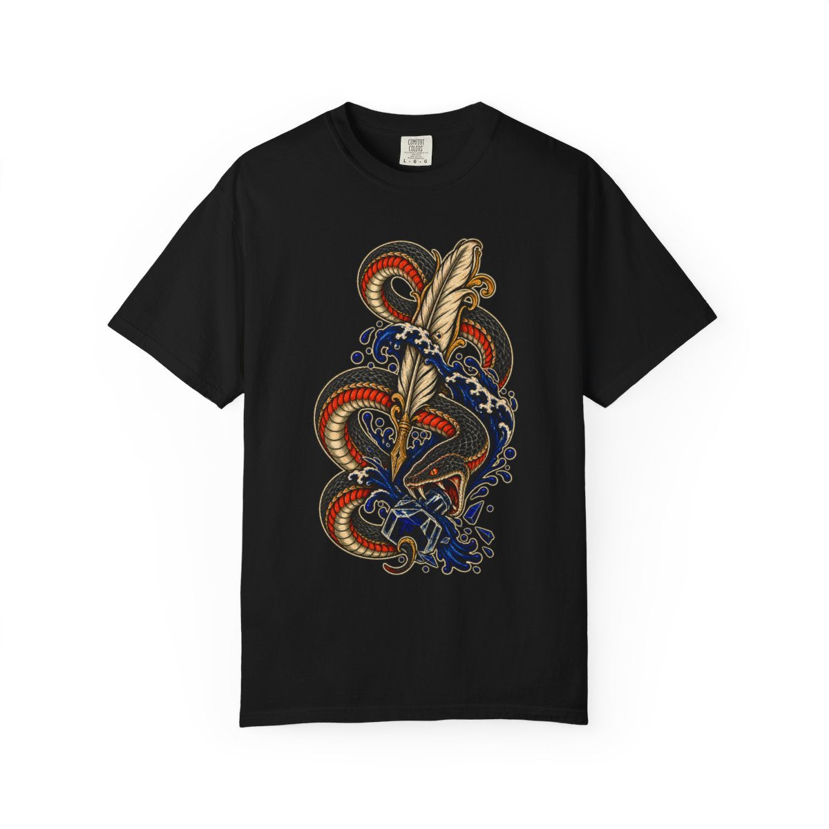 Scriptorium Serpent Front Print Tee large front print on a Black Comfort Colors 1717 tee