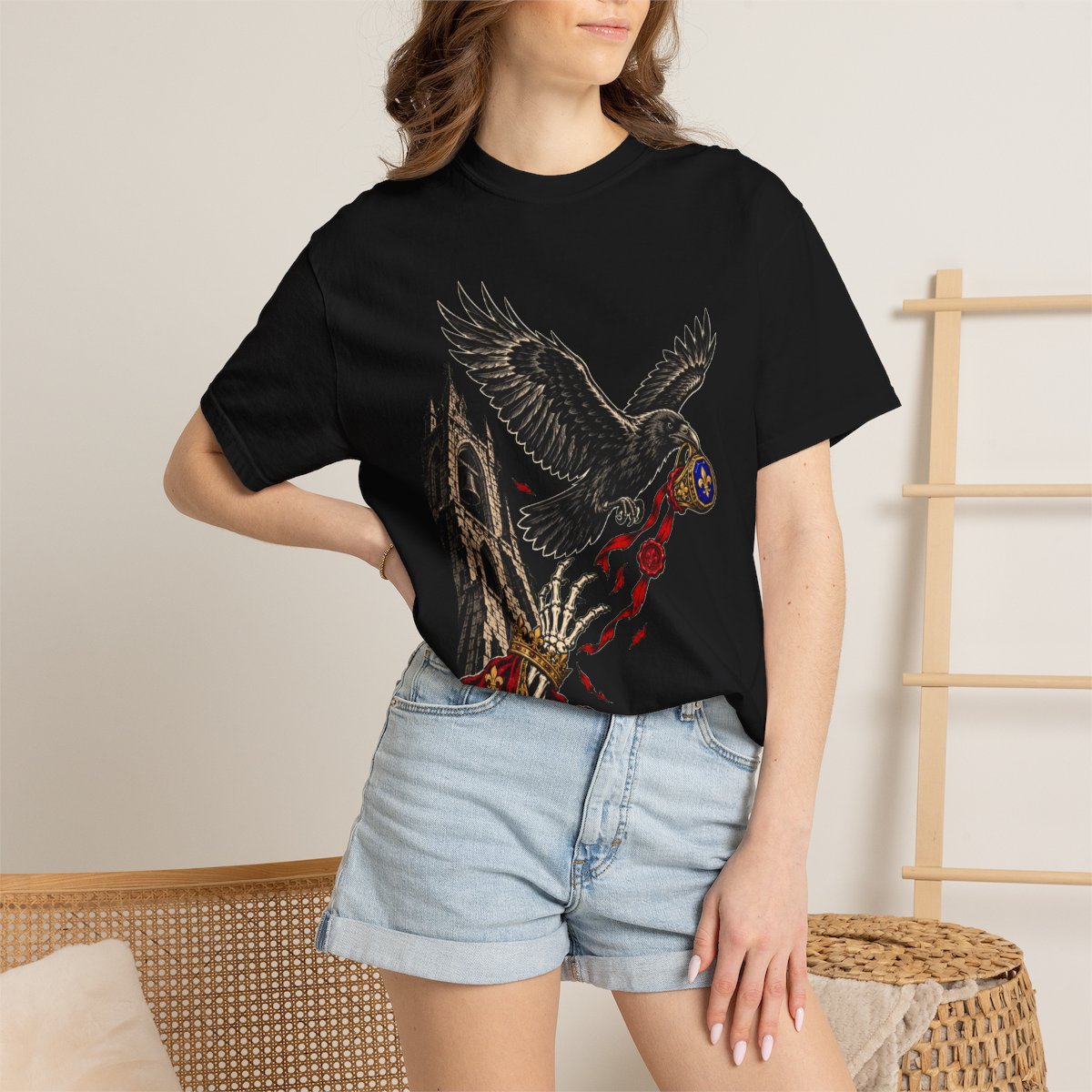 Signet Thief Front Print Tee worn Printify context view on a Black Comfort Colors 1717 tee