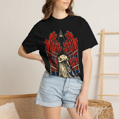 Standing Ovation Front Print Tee worn Printify context view on a Black Comfort Colors 1717 tee