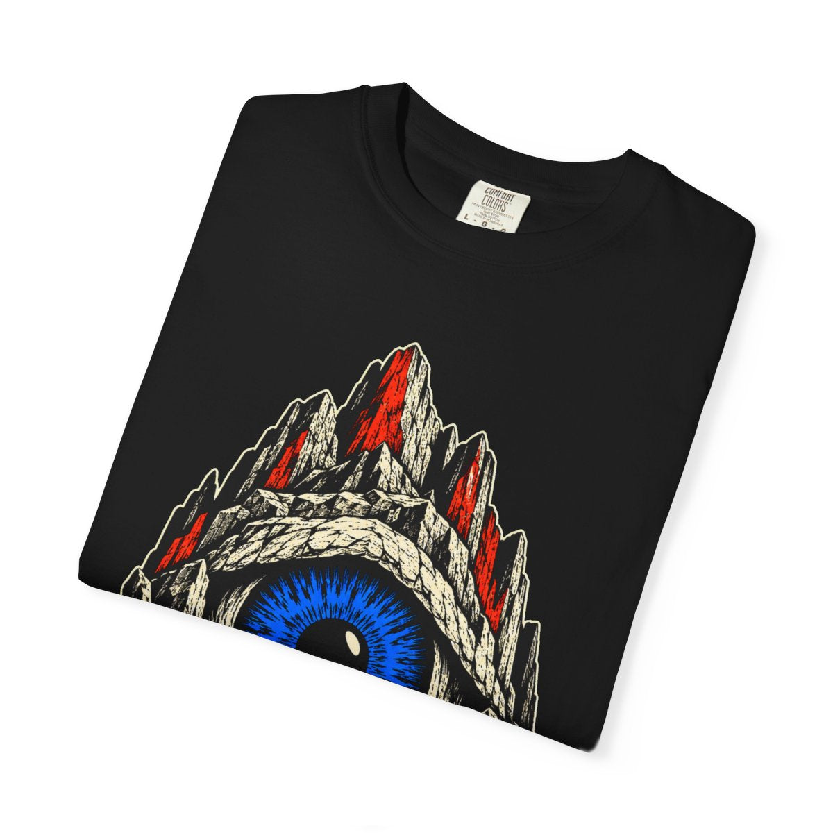 The Cave Blinks Back Front Print Tee folded front print detail