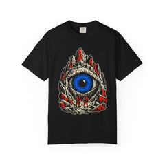 The Cave Blinks Back Front Print Tee large front print on a Black Comfort Colors 1717 tee