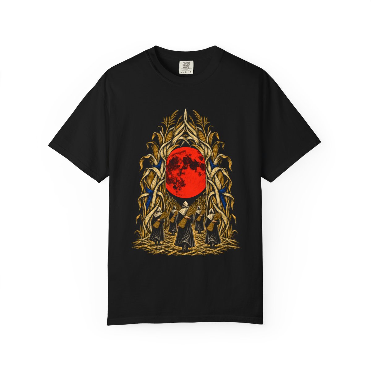 The Cornfield Gate Front Print Tee large front print on a Black Comfort Colors 1717 tee