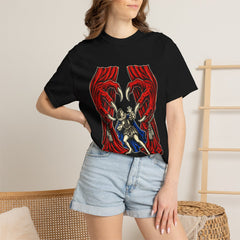 The Curtain Has Hands Front Print Tee worn Printify context view on a Black Comfort Colors 1717 tee