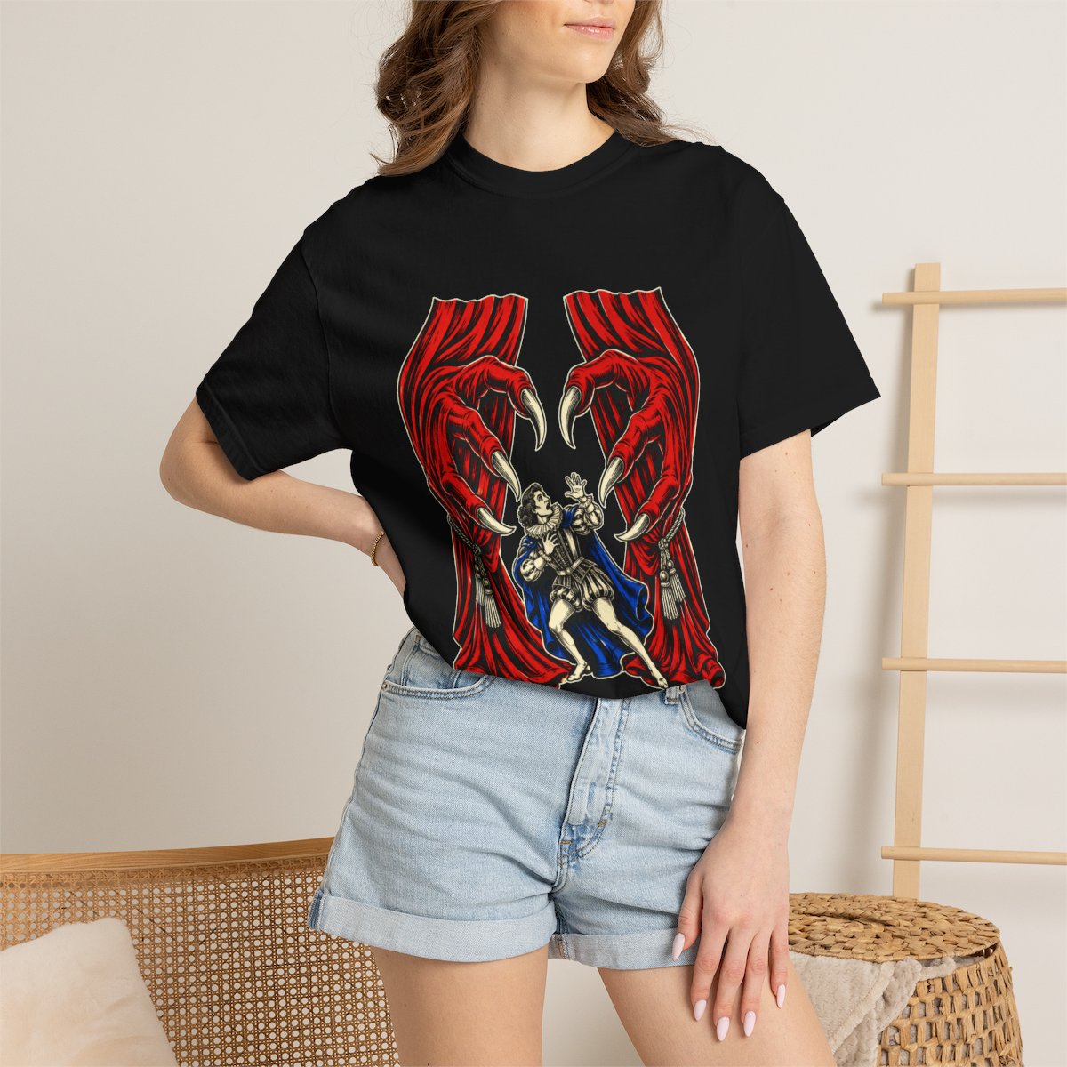 The Curtain Has Hands Front Print Tee worn Printify context view on a Black Comfort Colors 1717 tee