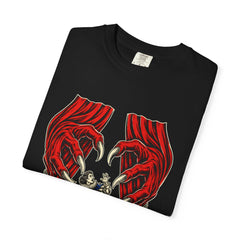 The Curtain Has Hands Front Print Tee folded front print detail