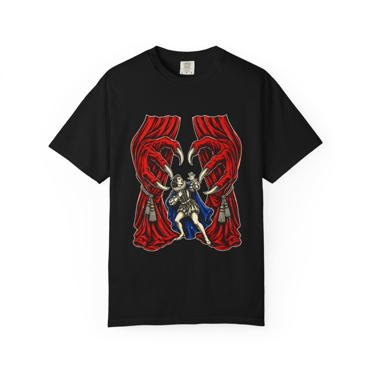 The Curtain Has Hands Front Print Tee large front print on a Black Comfort Colors 1717 tee