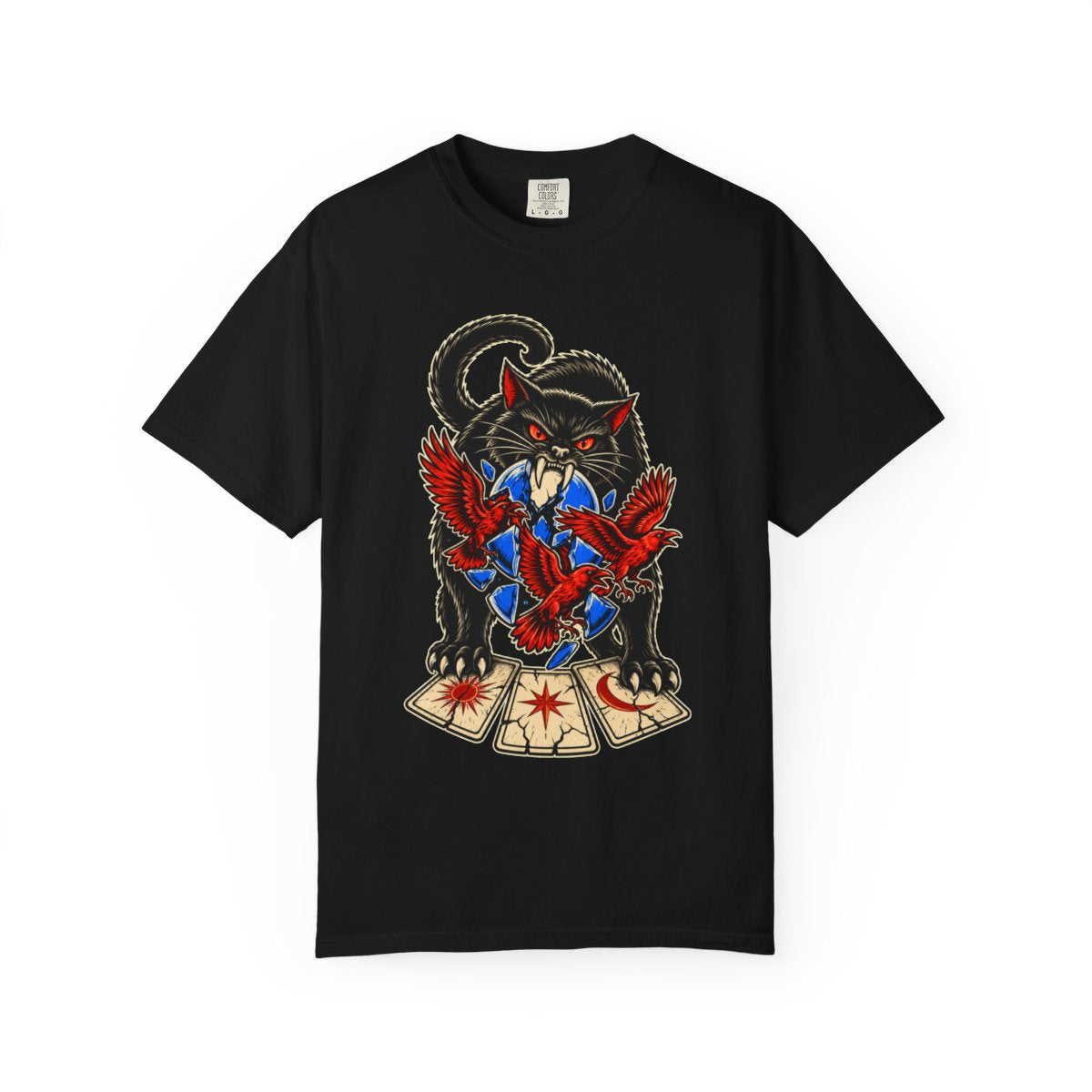 The Familiar Ate the Omen Front Print Tee large front print on a Black Comfort Colors 1717 tee