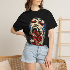 The Mask Eats the Actor Front Print Tee worn Printify context view on a Black Comfort Colors 1717 tee