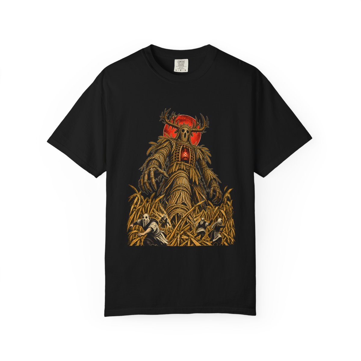 The Wicker Saint Front Print Tee large front print on a Black Comfort Colors 1717 tee